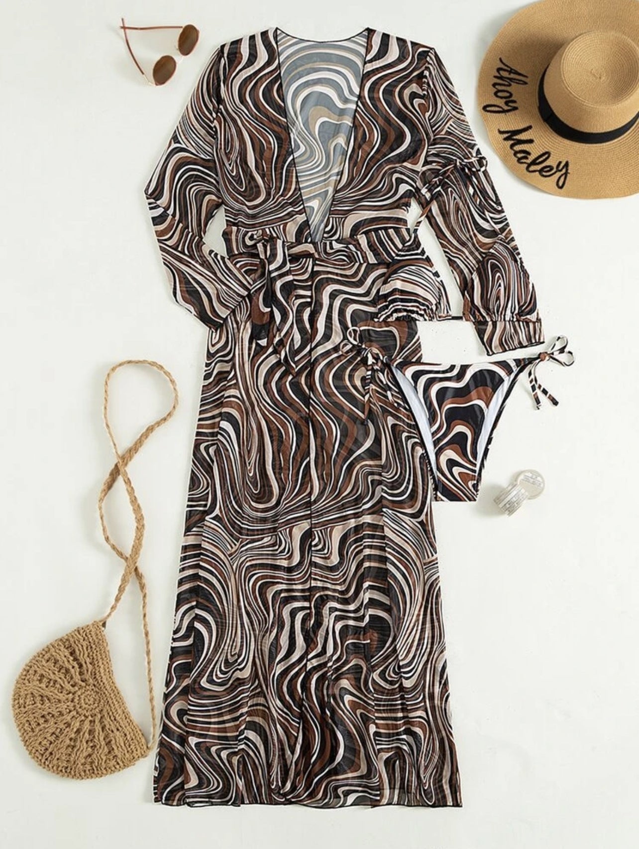 New striped lace-up dress mesh three-piece bikini