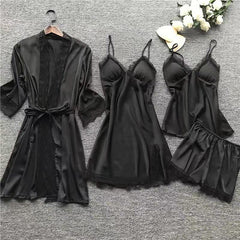 Large size four-piece set with chest pad sexy suspenders home lace pajamas
