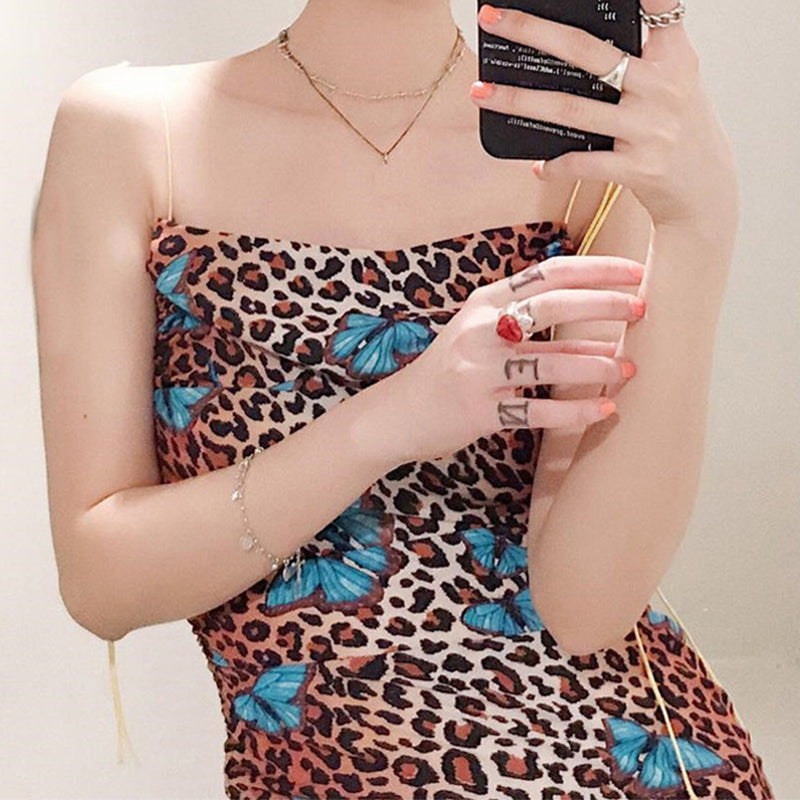 leopard print backless sexy bodycon mini dress summer women fashion slash neck slip party streetwear clothes