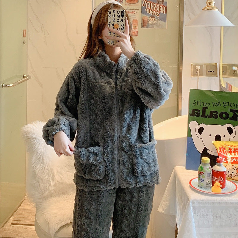 Autumn and winter women's warm solid color  cut velvet plush pajamas homewear set