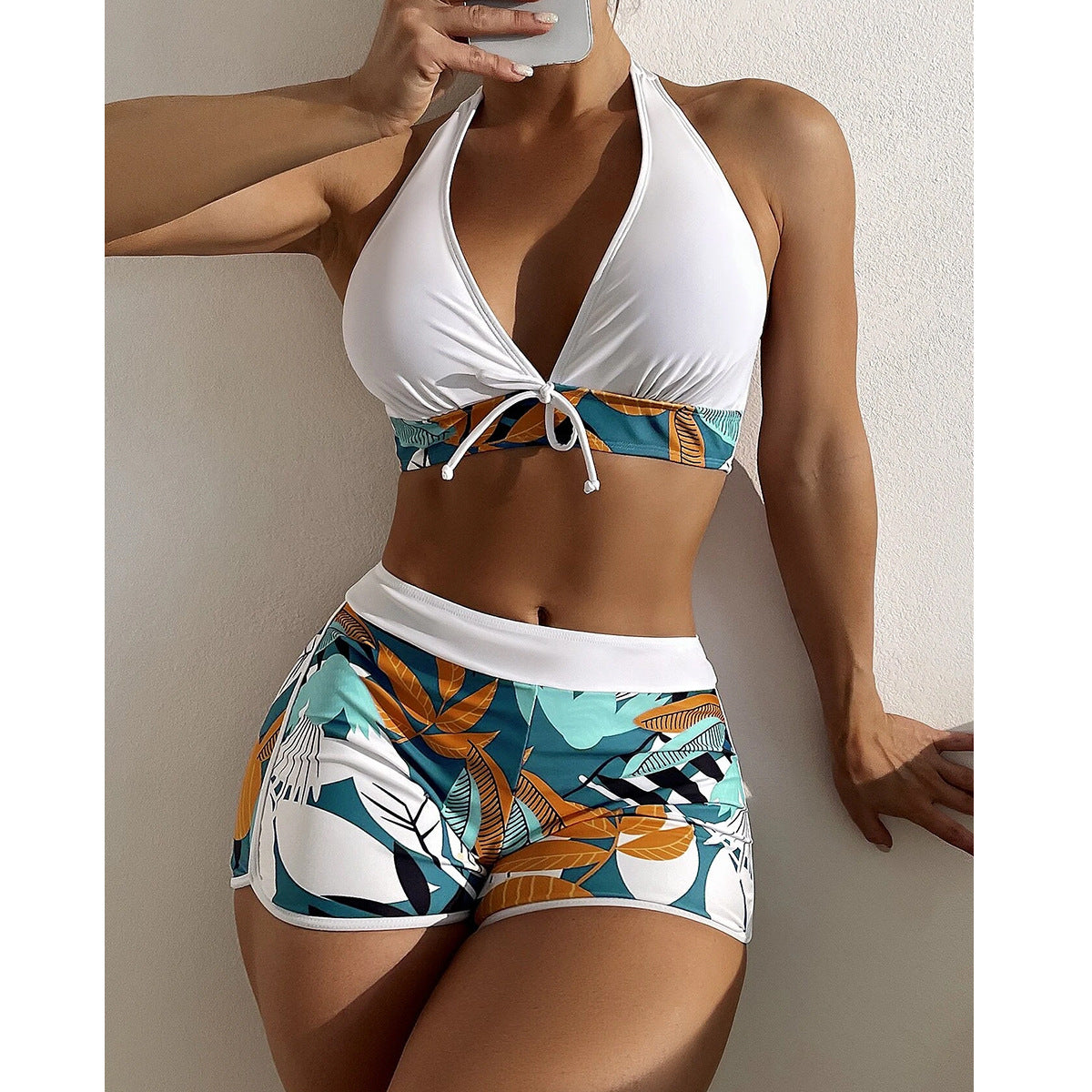 BJN European and American foreign trade swimsuit female split high waist boxer tie printing solid color stitching net red AliExpress swimwear