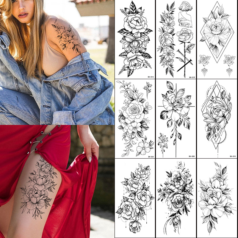 Pencil Sketch Flower Temporary Tattoos Sticker Women's Fashion Body Art Arm Wasit Tatoos Fake Black Rose Waterproof Tattoo Decal