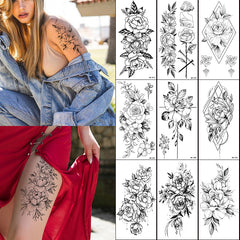Pencil Sketch Flower Temporary Tattoos Sticker Women's Fashion Body Art Arm Wasit Tatoos Fake Black Rose Waterproof Tattoo Decal