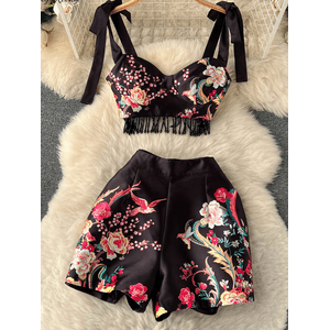 Spring and summer new women's retro court style printing suit women's strappy fringed suspender top +  waist wide-leg shorts two-piece set 7.29