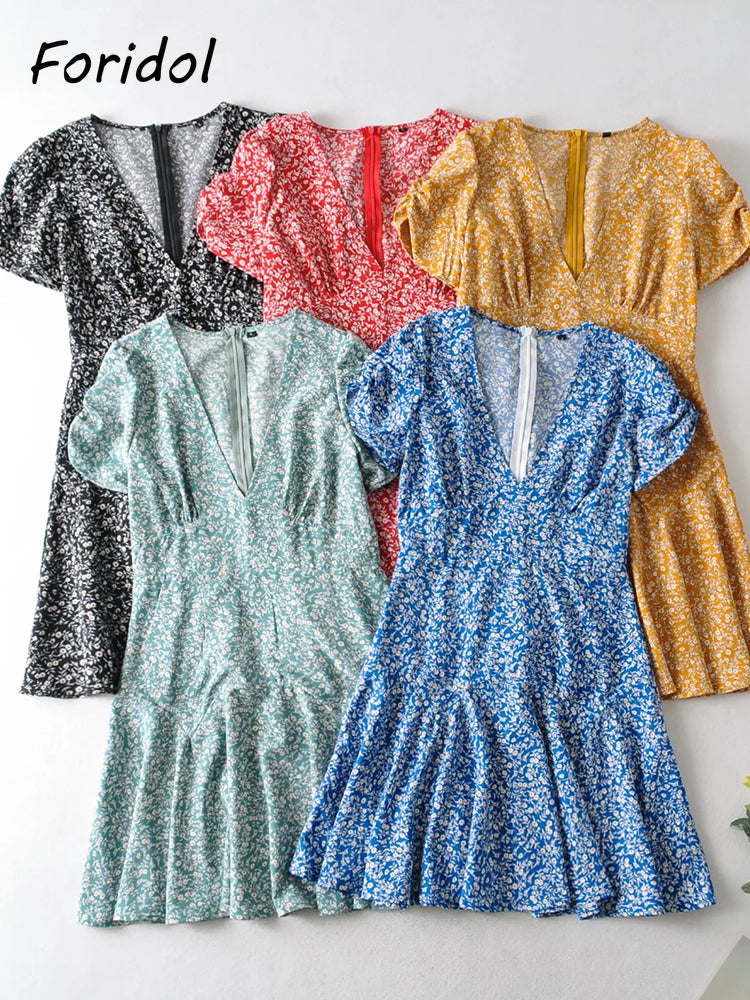 Foridol الأزرق زهرة طباعة الصيف فستان الشاطئ المرأة عطلة عادية فستان قصير الأكمام بوهو فستان الشمس تانك توب ملابس عصرية