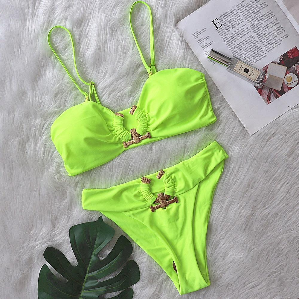 Explosive new style European and American bikini solid color tube top high waist swimsuit metal accessories female swimwear