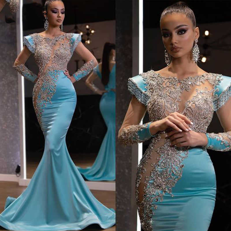 2022 new daily light blue fishtail skirt banquet long sand gold series show thin temperament annual meeting evening dress women