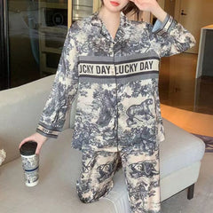 Ladies Summer Luxurious Pajamas Noble Long Sleeve Simulated Silk Homewear Set