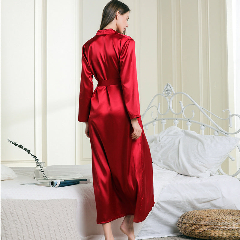 Women's pajamas  silk lapel long nightgown sexy tie pajamas bathrobe home service