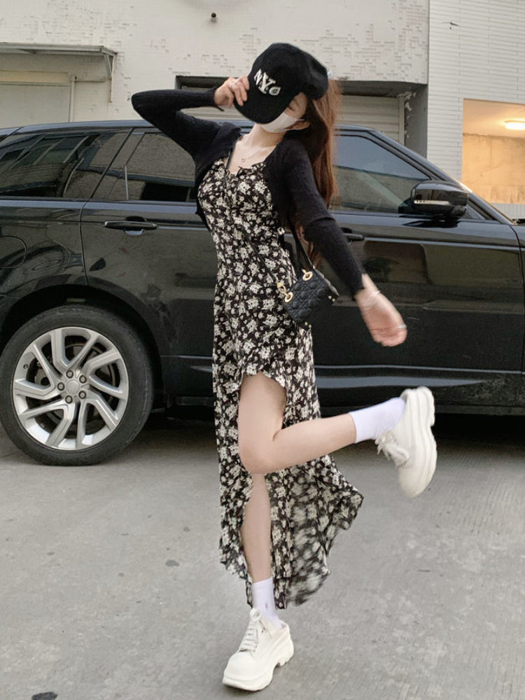 Sleeveless Dress Women Floral Side-slit Sundress Bodycon Retro Irregular Prairie Girlish Sweet Sexy Retro Harajuku Design Cool