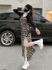 Sleeveless Dress Women Floral Side-slit Sundress Bodycon Retro Irregular Prairie Girlish Sweet Sexy Retro Harajuku Design Cool