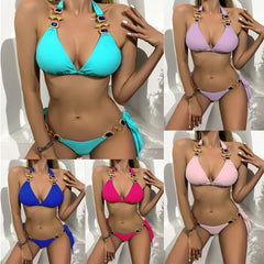 Ladies split solid color sapphire crystal chain triangle gathered sexy tether backless European and American style bikini