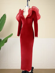 AOMEI Velvet Dress Women Red Christmas Evening Party Deep V Neck Ruffles Long Sleeve High Waist Bodycon Cocktail Event Gowns