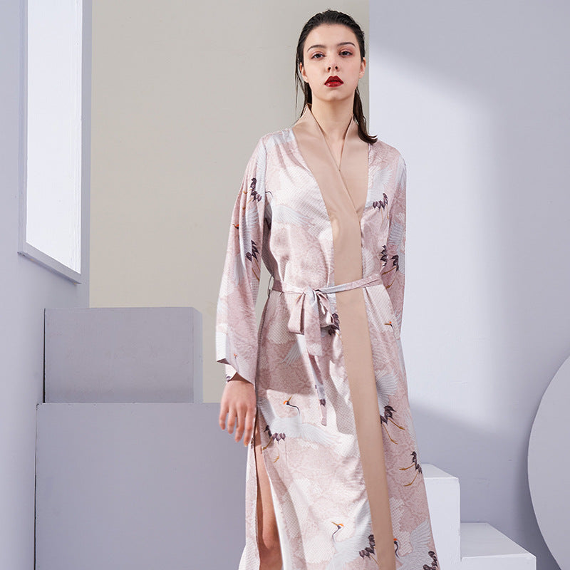 Spring and autumn new antique Hanfu pajamas ladies mid-length re-crane nightgown ice silk home service