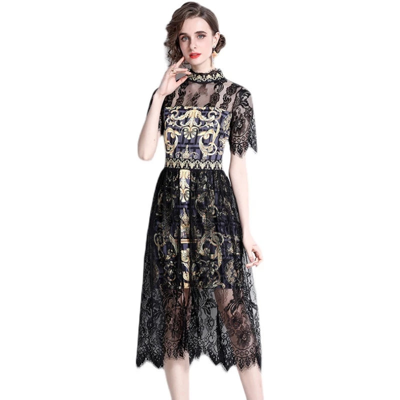 Women's Spring Summer Dress Stitching Print Short Sleeve Turtleneck Bodycon Dress