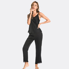 Ladies spring and summer ice silk s exy suspender nightdress nine minutes pants suit lace V-neck simulation silk pajamas women's home service