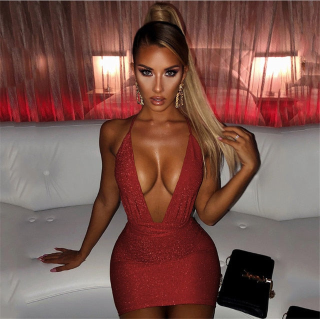 2022 Sleeveless Halter Bandage Sexy Women Dress Backless Bodycon Summer Deep V-neck Night Club Lace-up Party Dress