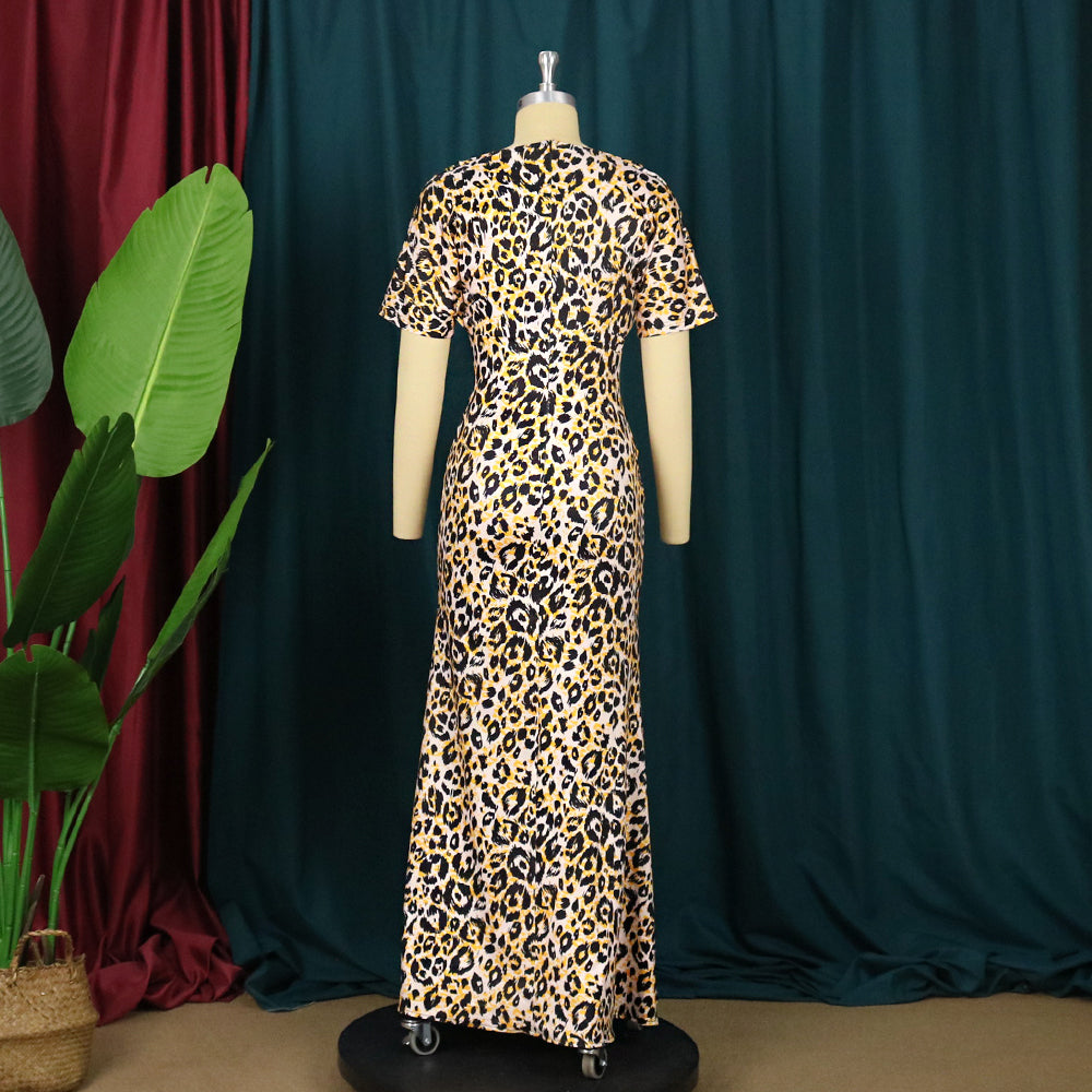 Mulheres vestidos de leopardo bodycon plissado impressão fenda o pescoço manga curta cintura alta cocktail festa à noite outfits formatura vestido lon