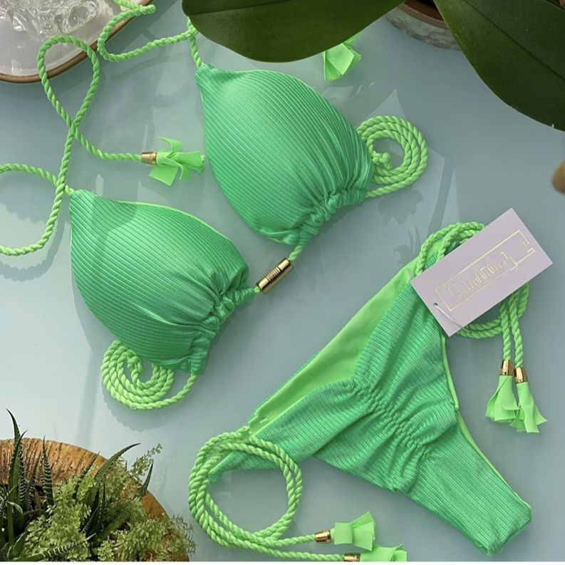 2022 spot European and American foreign trade bikini new special fabric solid color braided swimsuit multicolor bikini wholesale