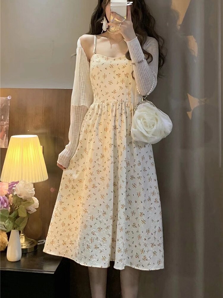 كوريا الملابس 2 قطعة مجموعة فستان المرأة سليم الأزهار فستان بحزام مكتب سيدة الشاطئ نمط بوهو أنيق ميدي فستان حفلة 2022 الصيف