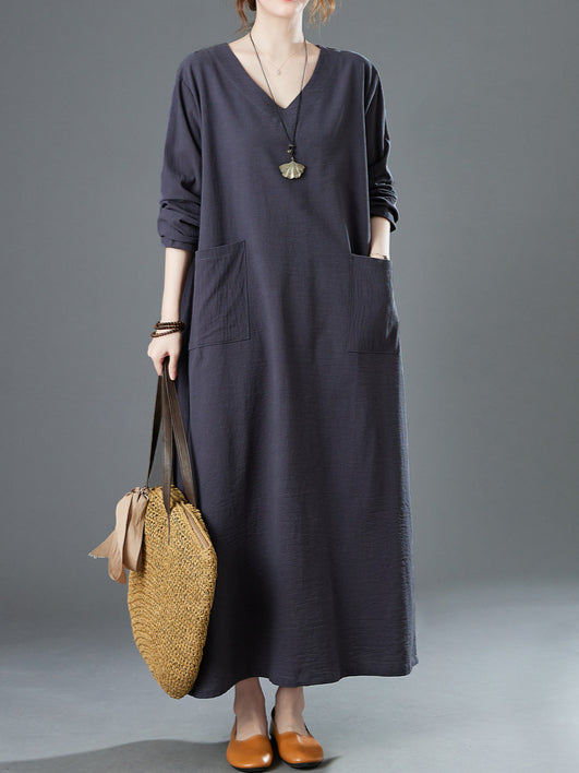 Ladies spring new retro cotton and linen V-neck plus fat to increase  long-sleeved dress robe