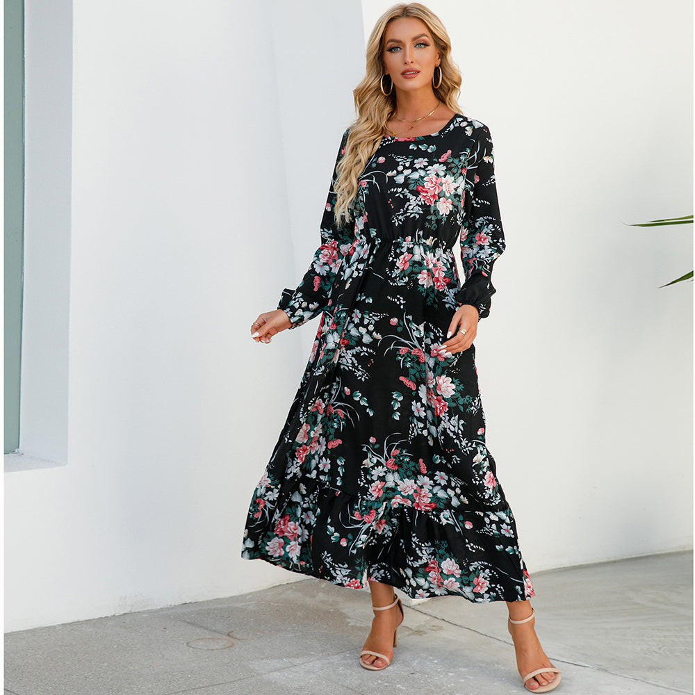 Sping Summer Bohemian Women Maxi Dress Casual Long Sleeve  Waist Beach Woman Chiffon Dresses Floral Vestidoes Mujer New