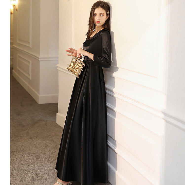 Ladies V-neck Satin Fashion Party Dress Long Banquet Evening Dress Holiday Birthday Dress