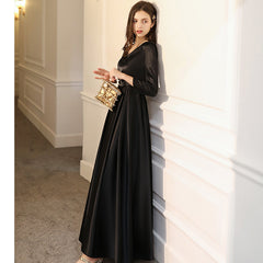 Ladies V-neck Satin Fashion Party Dress Long Banquet Evening Dress Holiday Birthday Dress