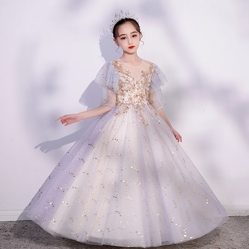 Girls' evening dress 2023 children's host catwalk costume flower girl wedding little girl birthday  dress spring