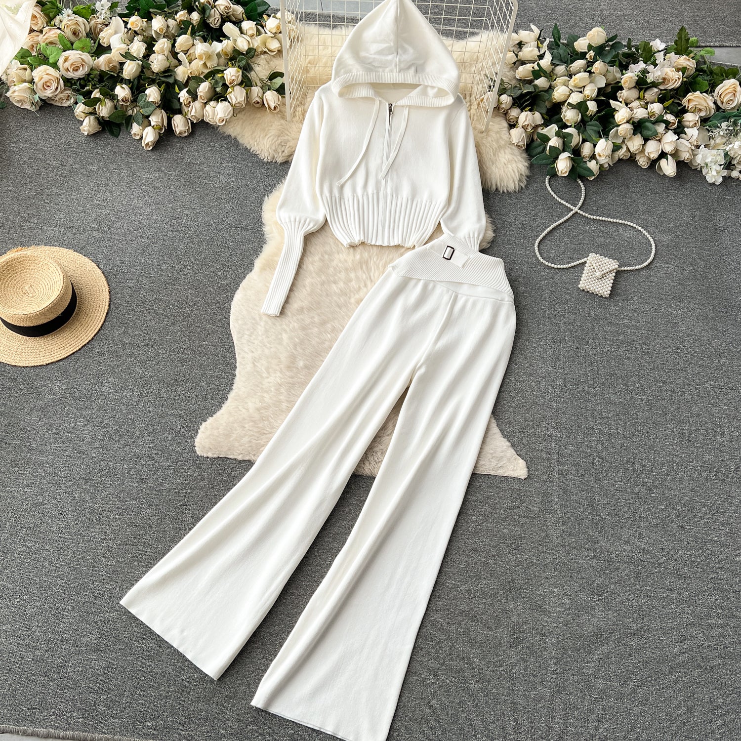 Autumn and winter European and American style minimalist solid color  hooded top +  waisted  trousers casual two-piece set