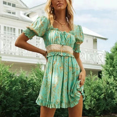 Retro Floral Print Elegant Dress Women Ruffles Bow Tie Vintage Mini Dress Puff Short Sleeve Boho Pleated Dress Vestidos
