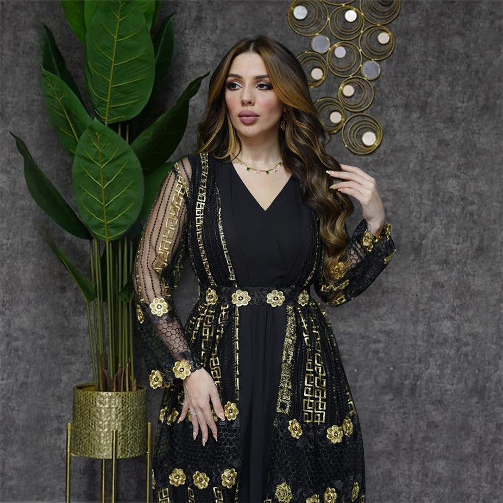 New Summer Middle East Embroidered Mesh Coat and Chiffon Sundress Dress Suit Arab Ladies Kaftan Dress Two-piece Set