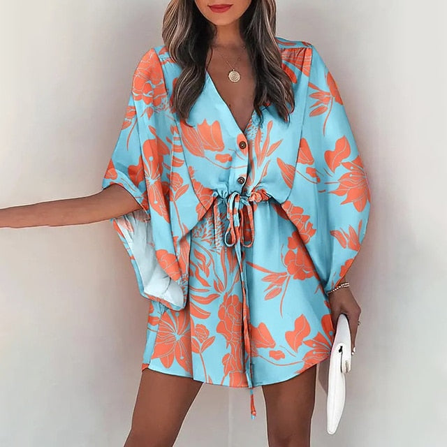 Fashion Batwing Sleeve Print Lace Up Mini Dress for Women Sexy V-Neck Casual Loose Boho Holiday Short Dresses Woman 2022 Summer
