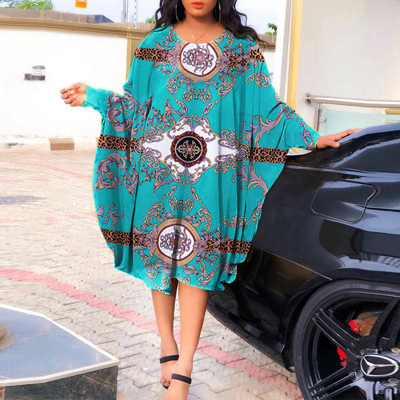 VONDA women's European and American black large size hit color retro pattern printed dress elegant temperament mature round neck long sleeve bat sleeve  A-line skirt large  skirt daily spring and autumn fashion all-match knee-length skirt short skirt