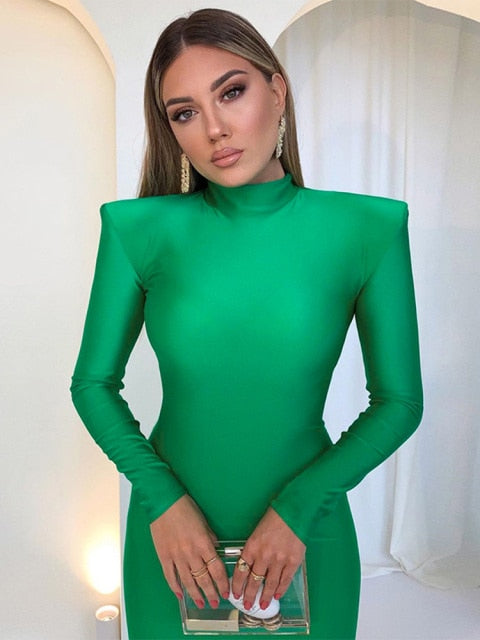 Wu Hao shoulder pad long sleeves Bodycon green party club Maxi long skirt 2022 Spring and Autumn women's fashion elegant clothing
