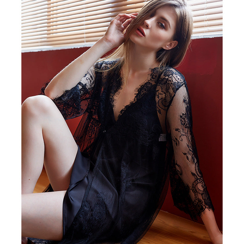 Ladies nightgown ice silk pajamas fun suit women's European and American plus size summer new two-piece nightdress