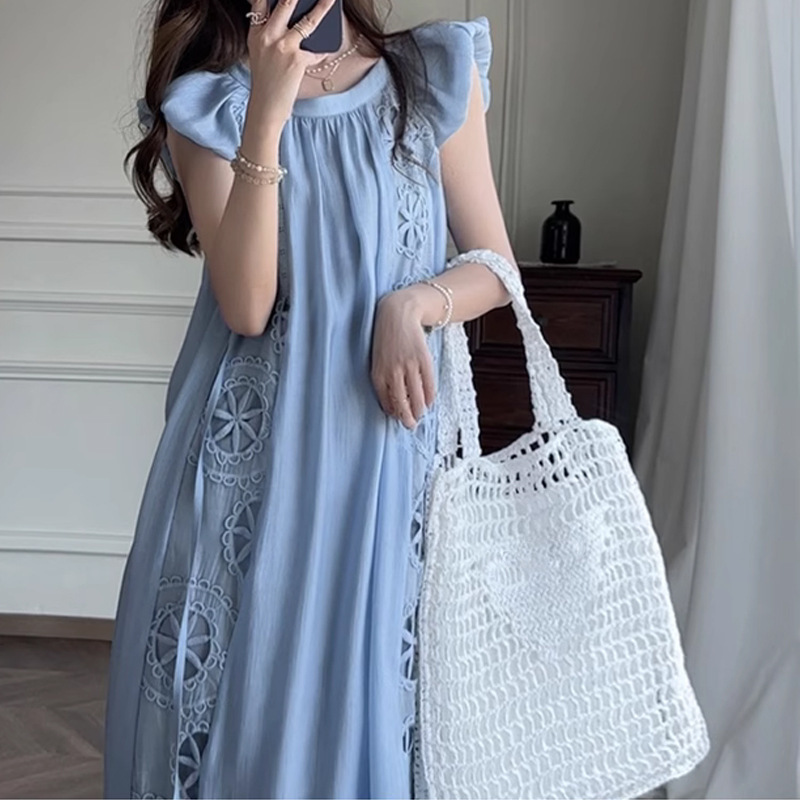 Summer New Ladies Tencel  Small Flying Sleeves French Waist Dopamine Blue Designer Dress