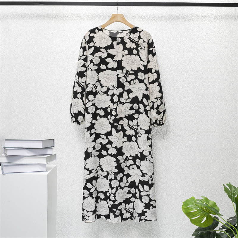 Spring Summer Muslim Dresses Full Sleeve Printed Floral Casual Long Loose Chiffon Dress Women Maxi Dresses With Pocket Mujer Vestidoes