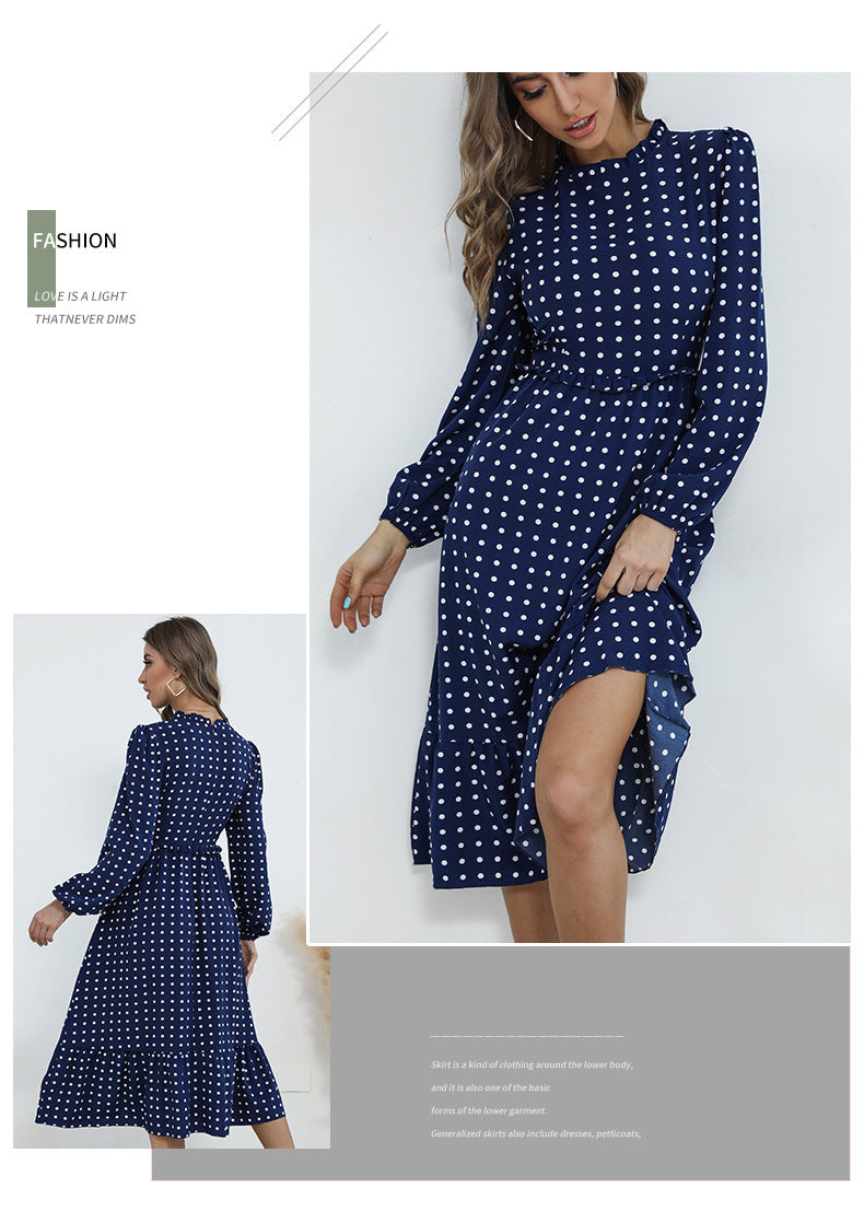 بوهو فانوس كم طويل البولكا نقطة مطبوعة ميدي فستان المرأة أنيقة خمر الوقوف طوق سبليت الخريف فستان رداء فام
