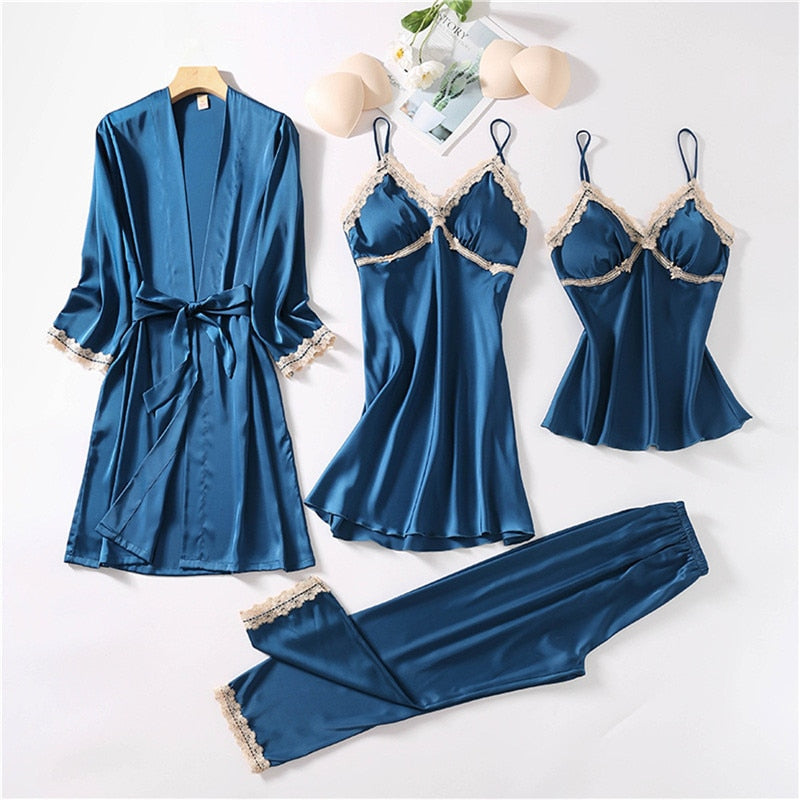 4pc  Silk Robe Sleep Suit Women'S Lace Chiffon Satin Pajamas Gown Set V-Neck Night Wear Pajama Home Nightwear Nightdress