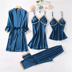 4pc  Silk Robe Sleep Suit Women'S Lace Chiffon Satin Pajamas Gown Set V-Neck Night Wear Pajama Home Nightwear Nightdress