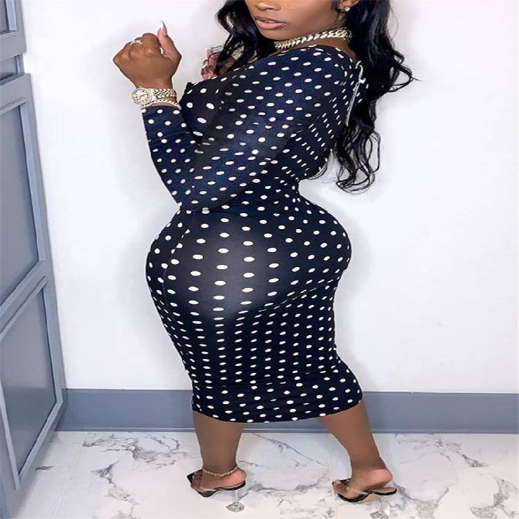 Deep V Low Cut Bodycon Midi Dress Vintage Women Polka Dot Sheath Dress Office Lady Skinny Long Sleeve Dress Autumn Spring