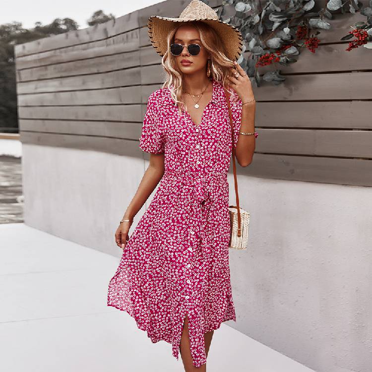Beach Boho Summer Dress Shirt 2021 Floral Vintage High Waist Dresses Women Casual Loose Single Breasted Midi Slim Elegant Robe