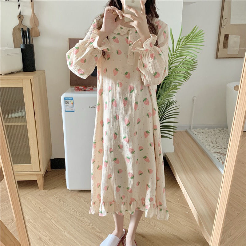 Cute Long Sleeve Nightgowns Women Sleepshirts Ruffle Tender Strawberry Print A-line Nightdress Girls Midi Autumn Sweet Sleepwear