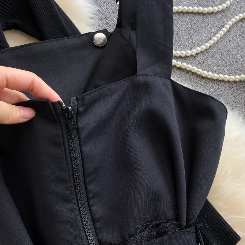 Autumn black stand-up collar tight  bottoming shirt two-piece suit  waisted splicing  fringe suspender dress