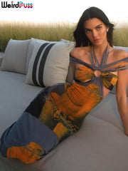 Weird Puss Colorful Print Women Maxi Dress Halter Hollow Sleeveless Slash Neck Elegant Summer Vacation Party Bodycon Vestidos