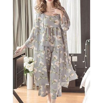طقم ملابس منزلية للسيدات يابانيات مكون من ثلاث قطع حزام طباعة نباتي غير رسمي + بنطلون + طقم بيجامة للسيدات ثوب نوم