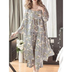 طقم ملابس منزلية للسيدات يابانيات مكون من ثلاث قطع حزام طباعة نباتي غير رسمي + بنطلون + طقم بيجامة للسيدات ثوب نوم