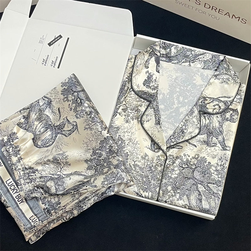 Women's  - textured national style lapel pajamas long-sleeved  silk home service suit