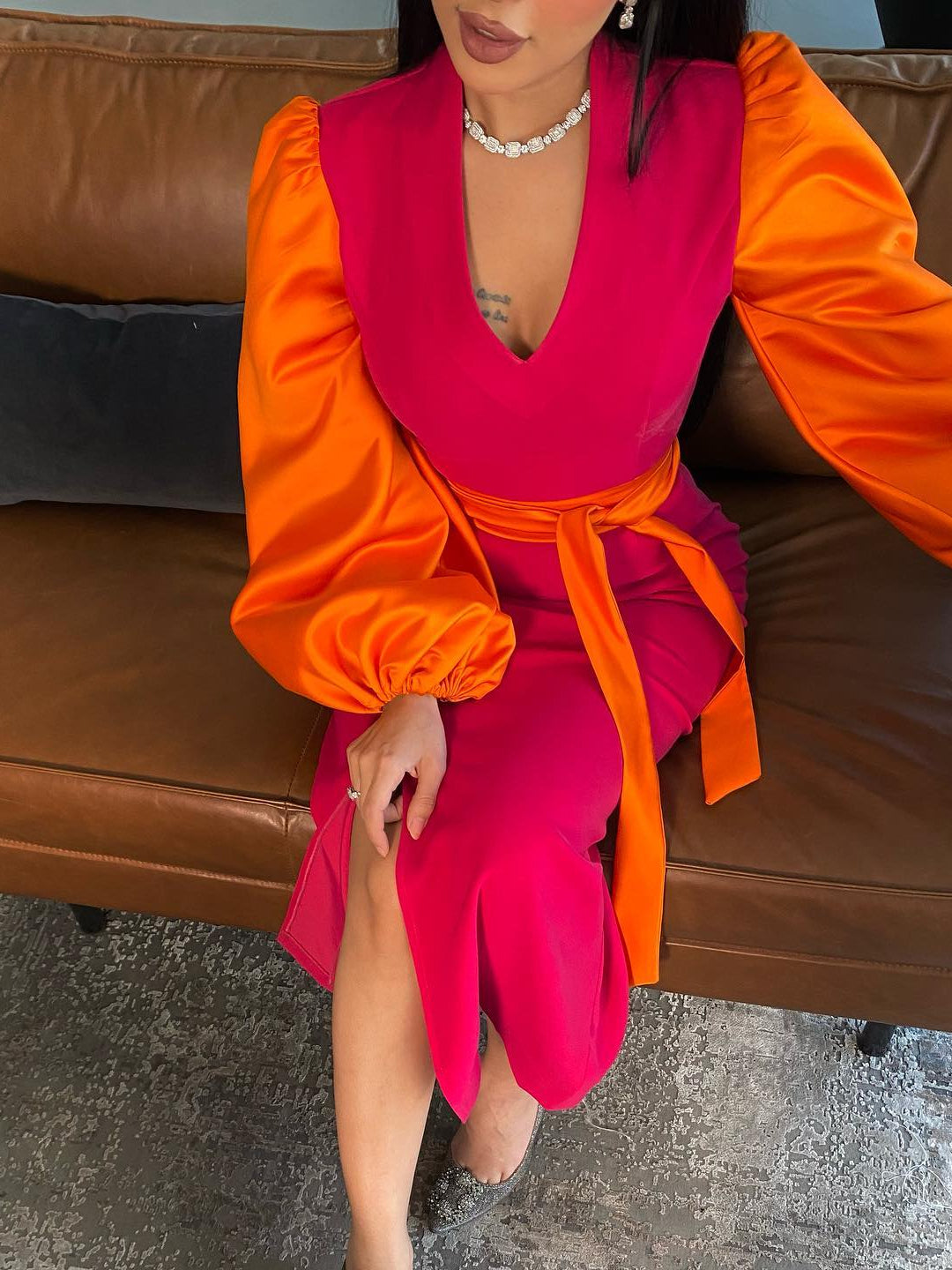 Fuchsia and Orange One-Shoulder Dress